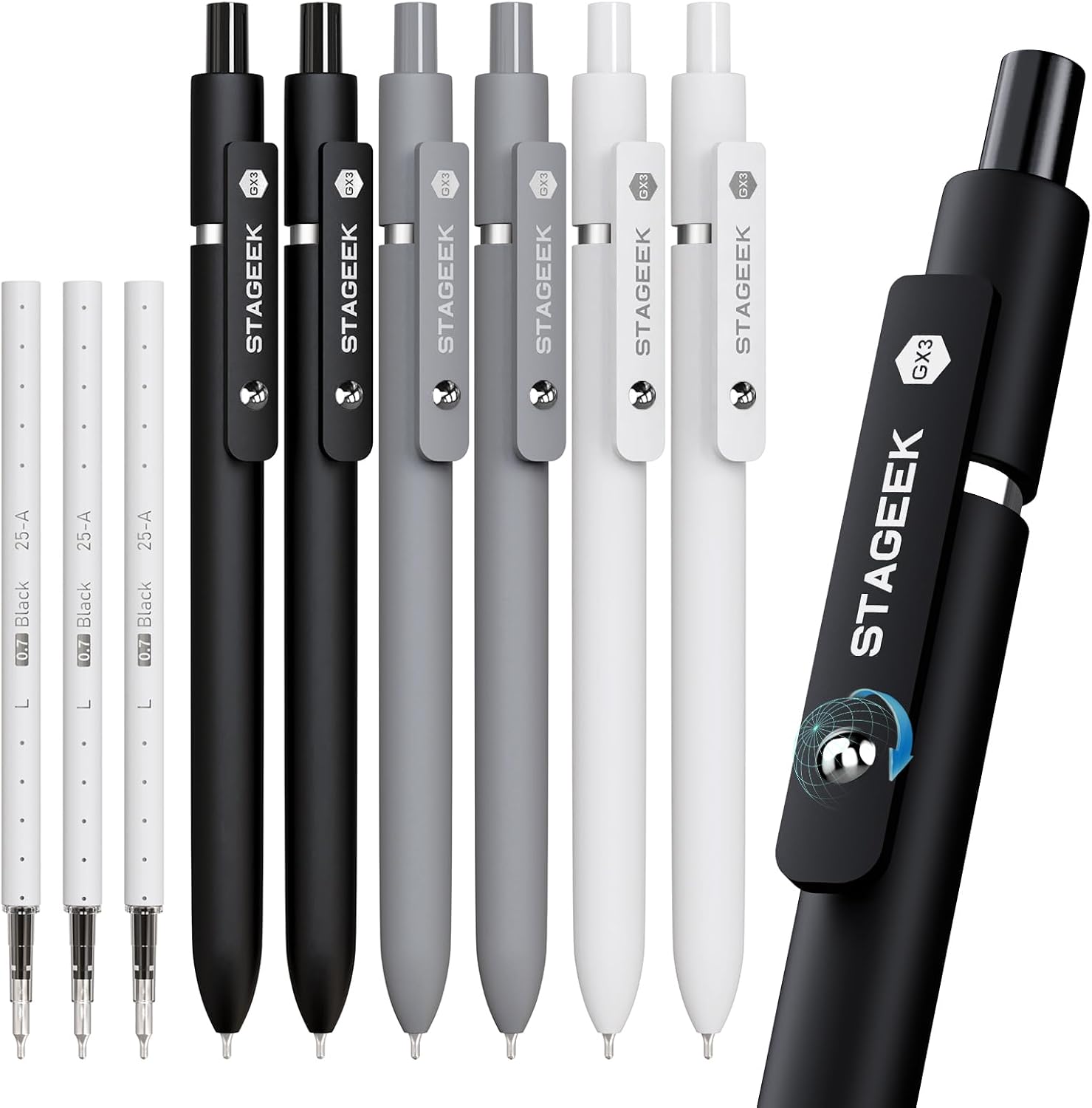 Six retractable black gel pens