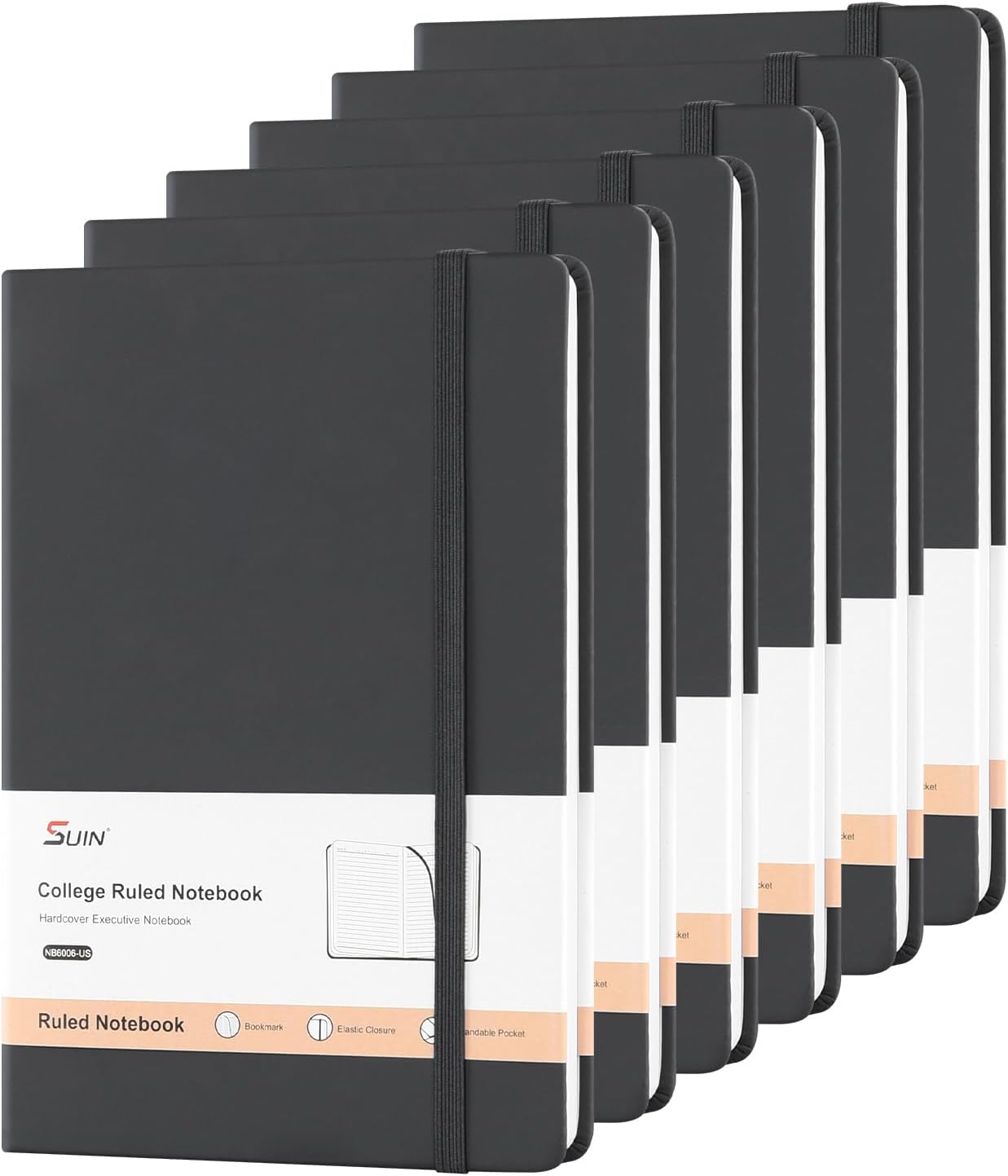 Six Black A5 Lined Notebooks